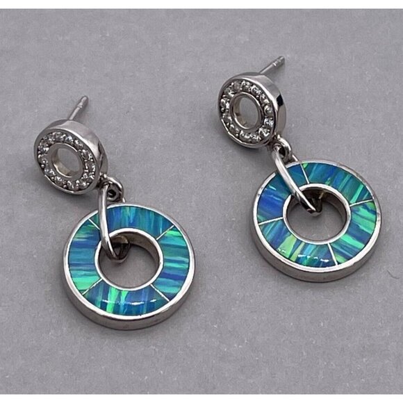 Havana 925 Sterling Silver Synthetic Opal Cubic Zirconia Dangle Hoop Earrings - Picture 3 of 8